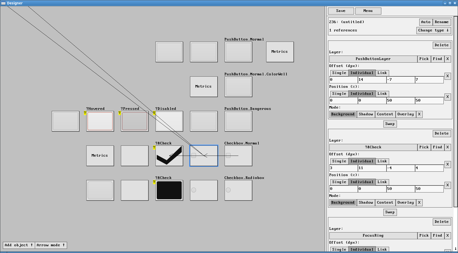 Screenshot of Designer showing an inspector with various properties and the layer graph.