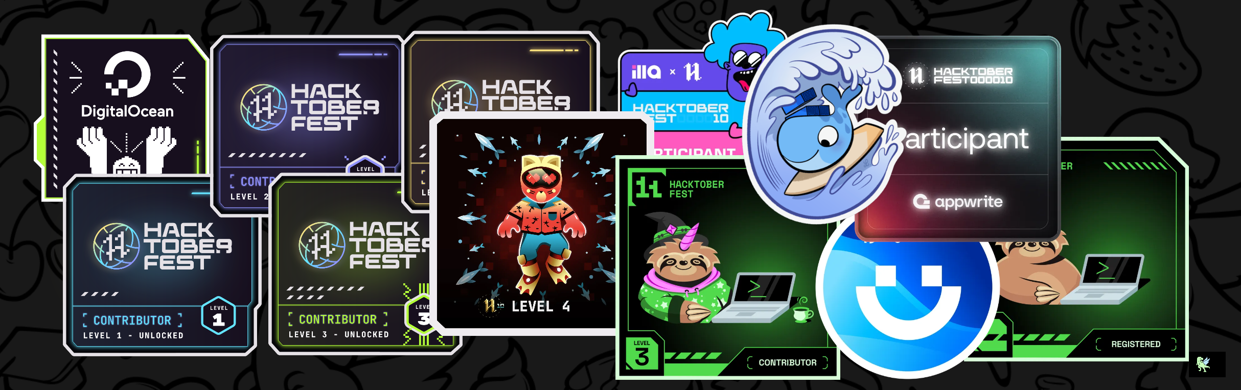 An image of @maymeow's Holopin badges, which is a link to view their full Holopin profile