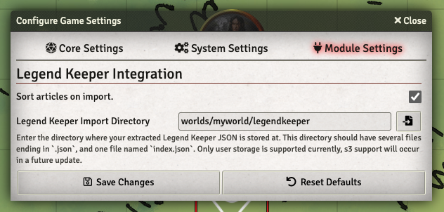 Screenshot of Legend Keeper module settings