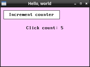 The final result of the usage code. A window with a button to increment a counter, and a label showing the current value. In this screenshot, the counter is at 5.