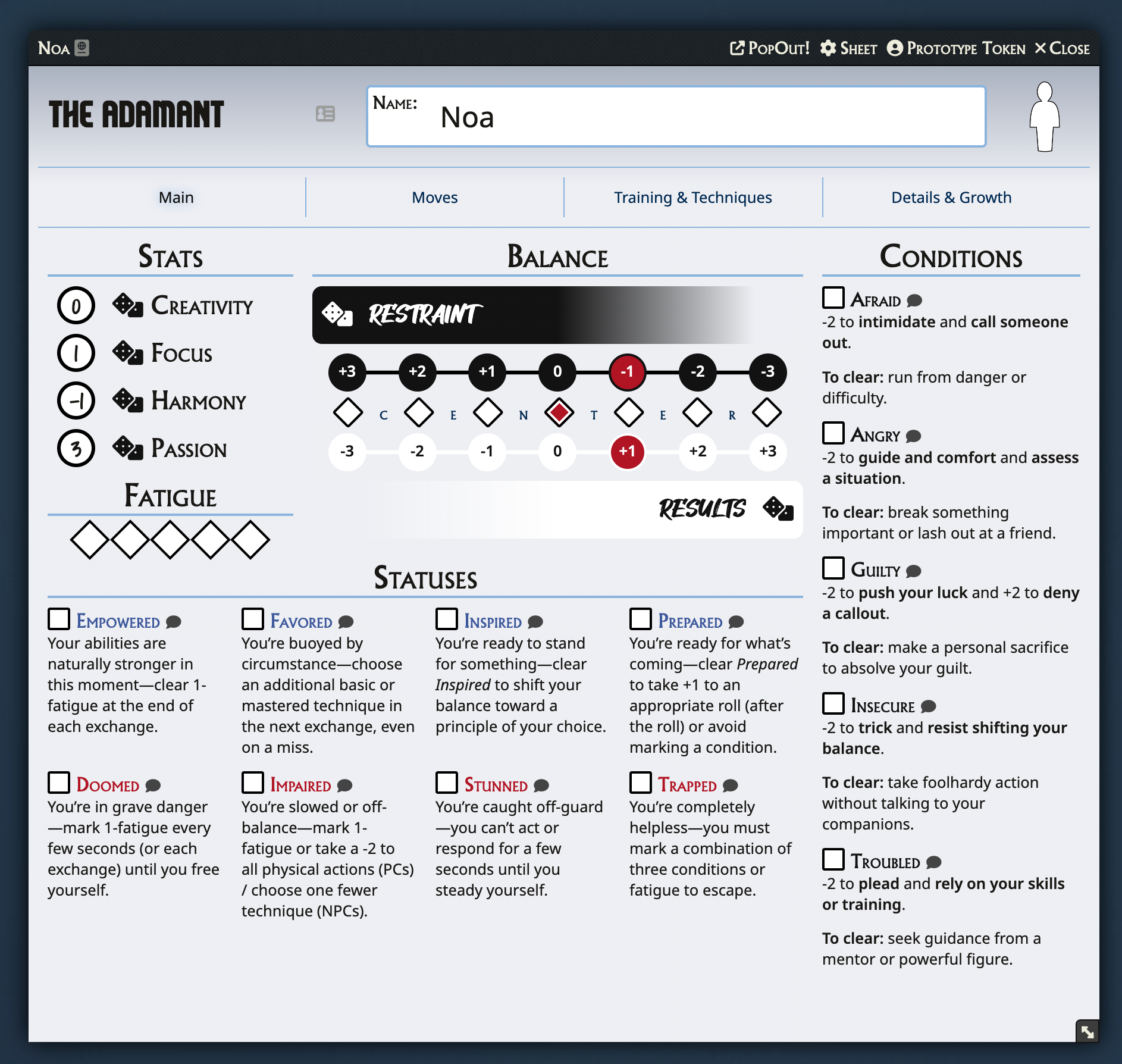 Player character sheet