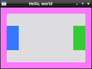 A picture of the window running the test code. It contains a magenta background (element A), with a gray rectangle in the center (element B). At the left side of the gray rectangle there is a blue rectangle (element C), and at the right side of the gray rectangle there is a green rectangle (element D).